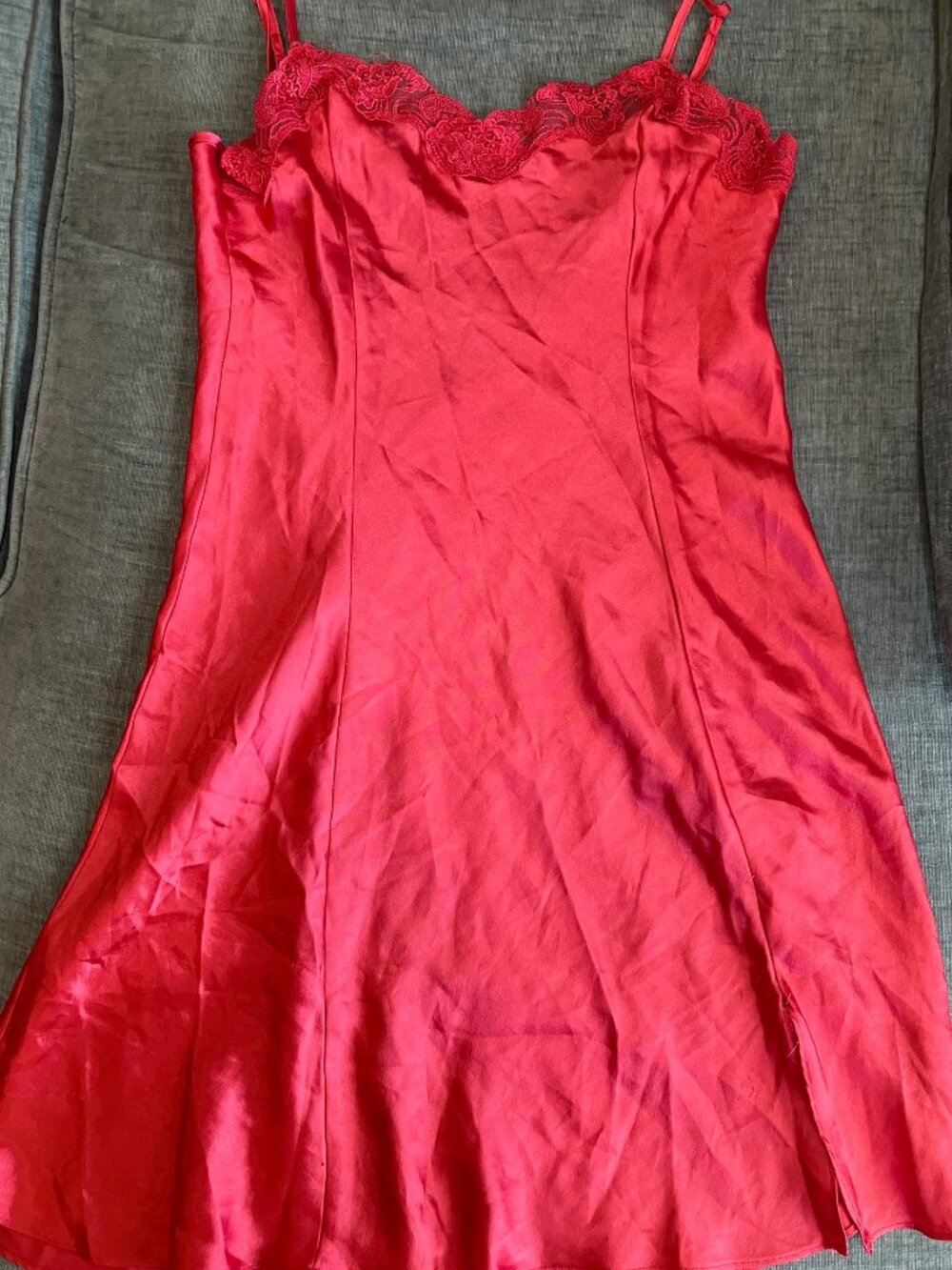 Private Luxuries Red Satin Lace Nightgown Chemise Slip Dress M Thigh Slit V Back